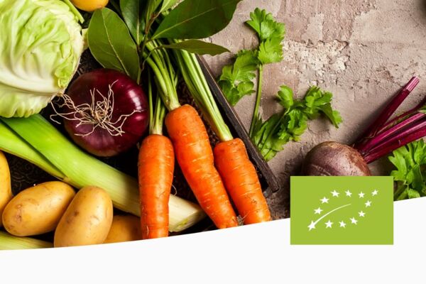 Frisches Bio-Gemüse wie Kartoffeln, Karotten, Kohl, Rote Bete und Kräuter mit EU-Bio-Siegel – Bannerbild für Bio-Sortiment bei Frucht Hartmann.