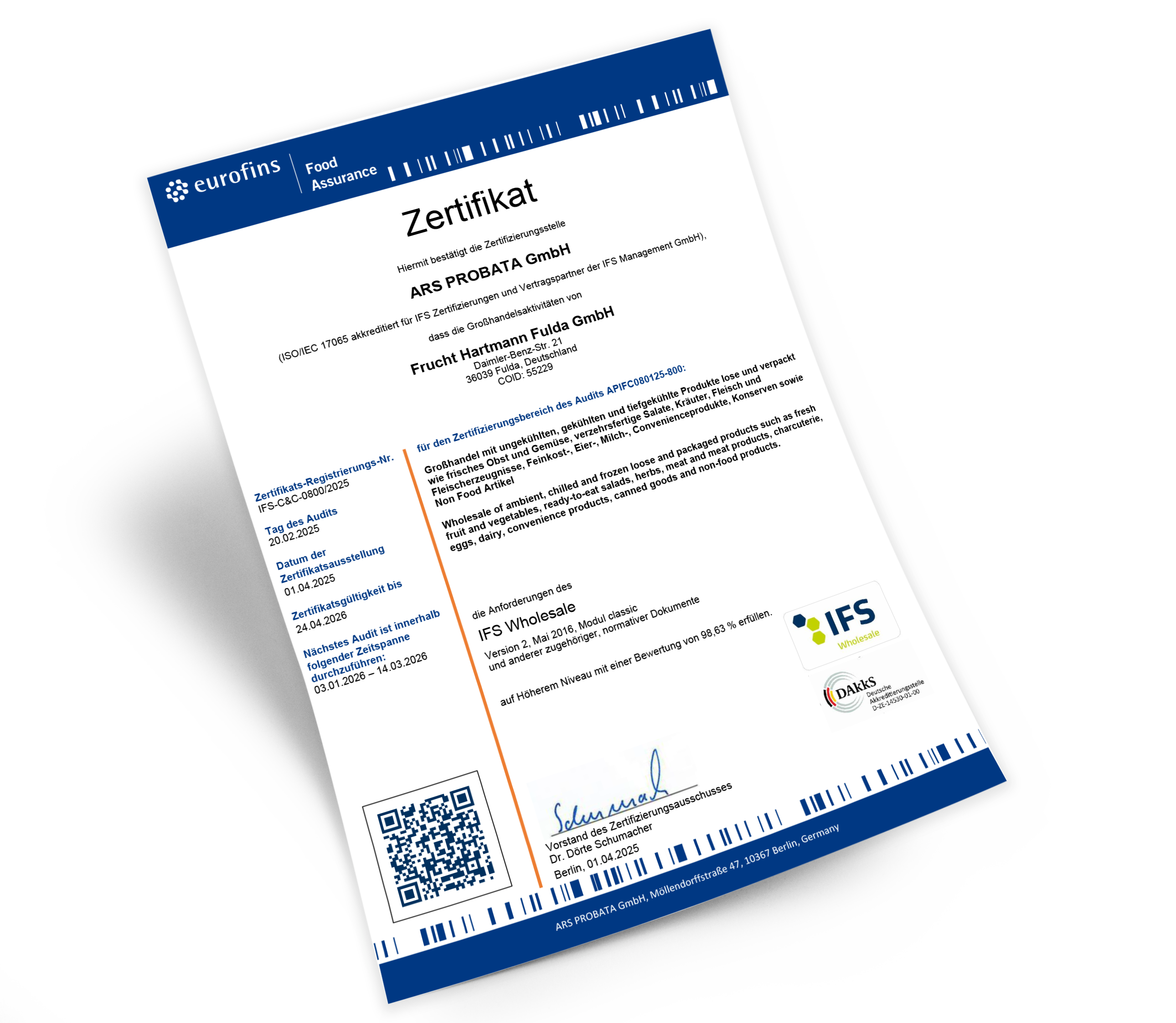 IFS Wholesale Zertifikat für Frucht Hartmann Fulda GmbH, bestätigt Einhaltung von Standards für Obst, Gemüse, Feinkost und verpackte Lebensmittel im Großhandel.