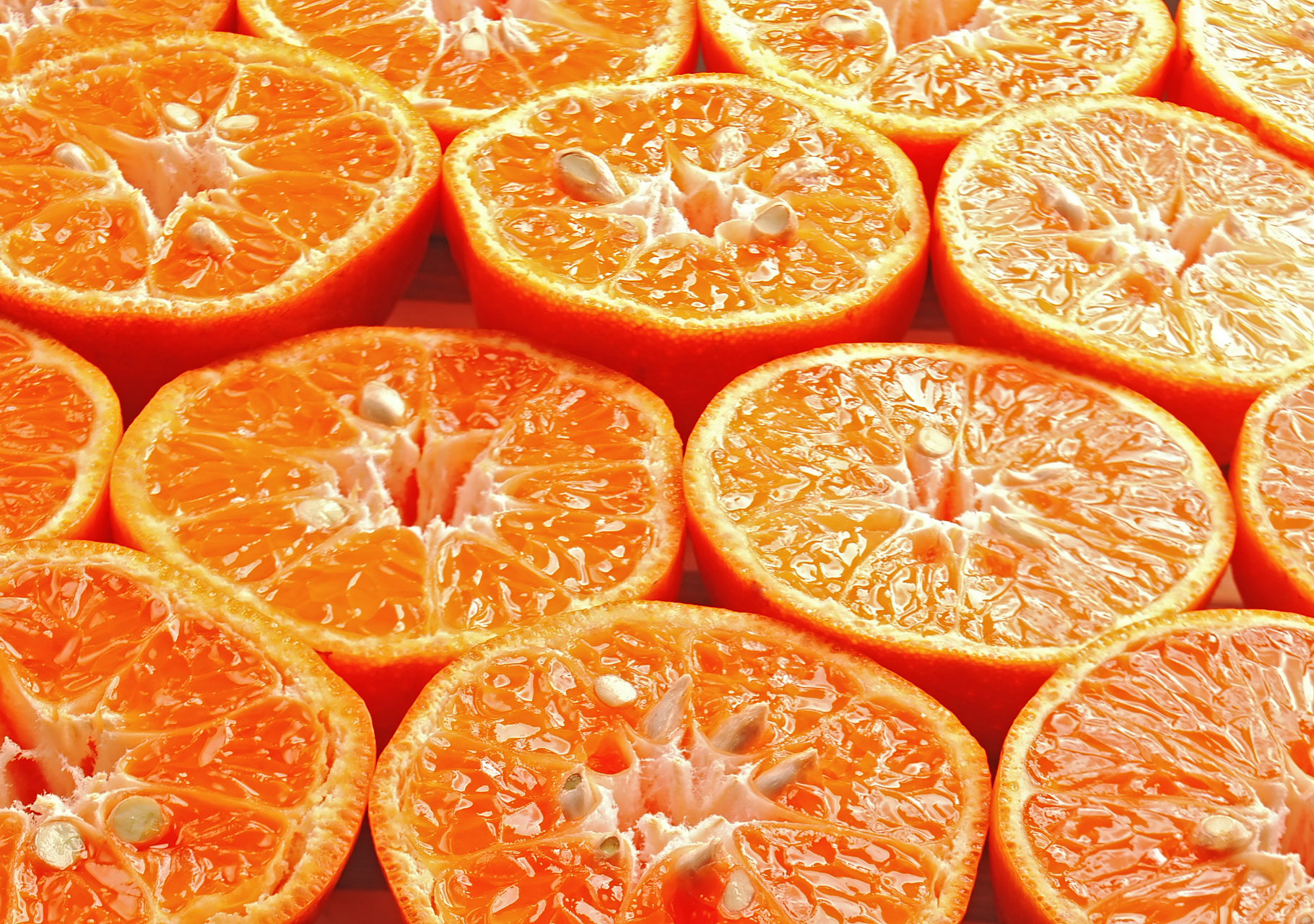 Halbierte, frische Orangen mit sichtbaren Fruchtfleisch und Kernen, nah aufgenommen.