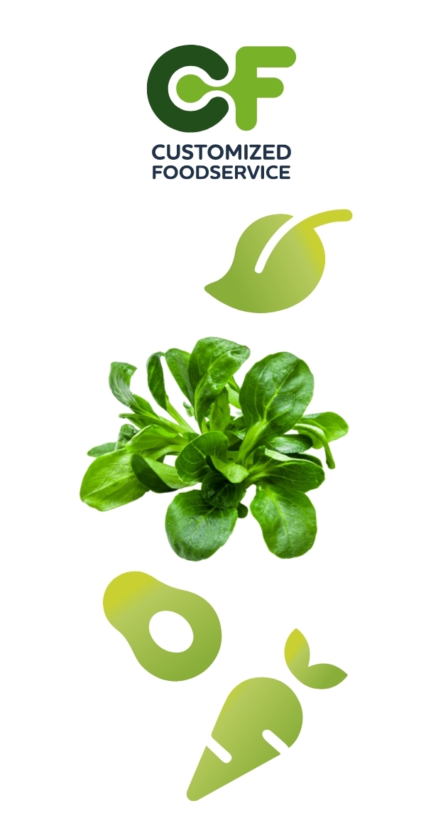 Logo von Customized Foodservice mit Feldsalat und grafischen Icons für Gemüse.