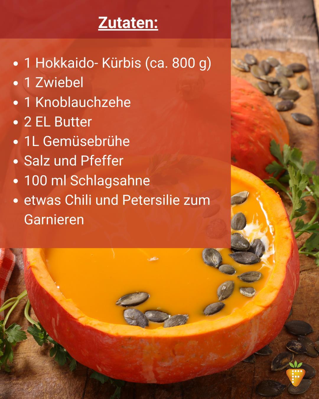 Hintergrundbild mit Kürbissuppe in ausgehöhltem Kürbis und Kürbiskernen, darüber eine transparente Textbox mit Zutatenliste für die Kürbissuppe.