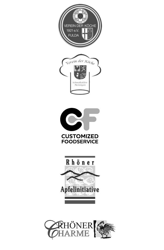 Logos von Partnern und Initiativen des Foodservice Frucht Hartmann, darunter Verein der Köche, Customized Foodservice, Rhöner Apfelinitiative und Rhöner Charme.